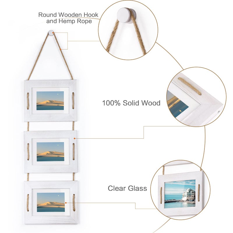 DLQuarts 5x7 Hanging Picture Frames Collage Wall Decor, 3-Opening Photo Frame 5x7 Without Mat & 3.5x5 with Mat, Rustic Wood 3-Frame, Vintage White - Image 4
